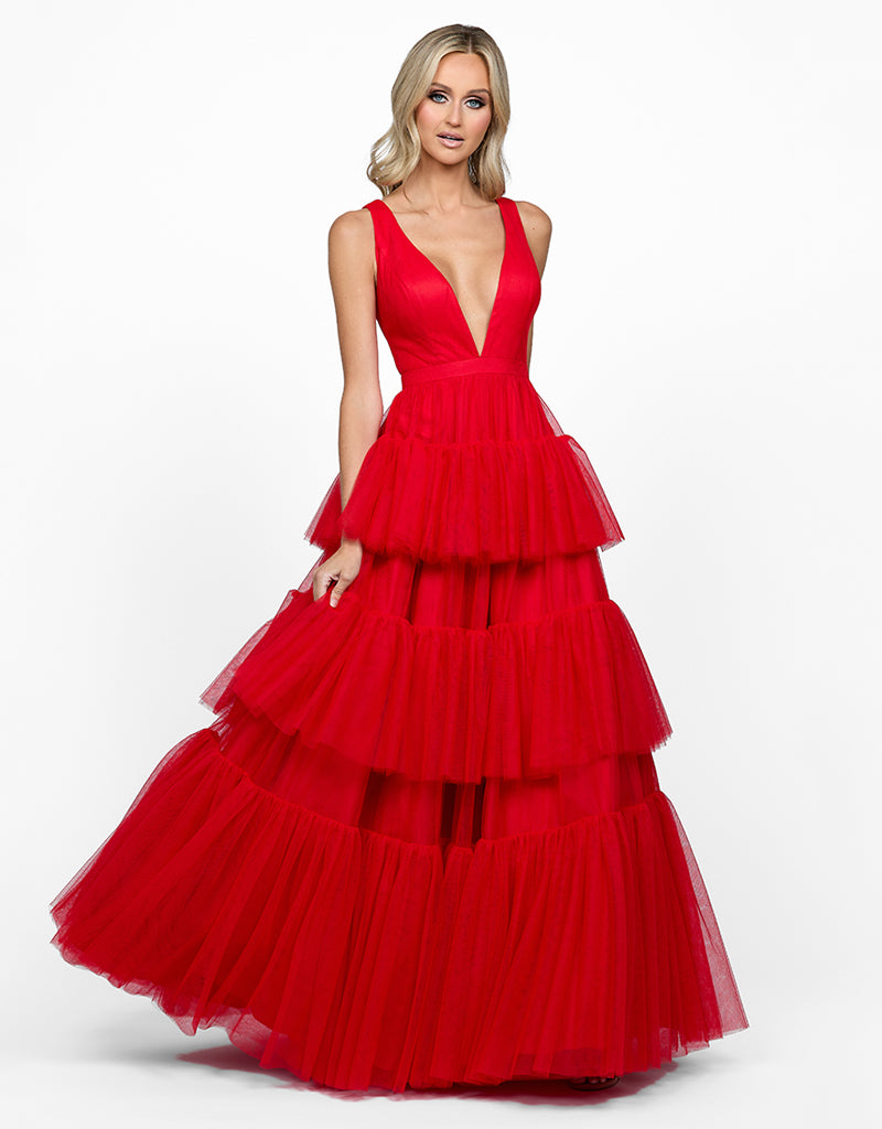 EMELDA PLUNGE NECK TIERED BALL GOWN B62D17L