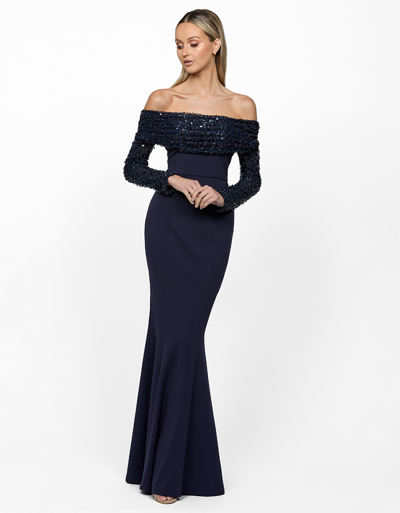 KIARA LONG SLEEVE OFF THE SHOULDER GOWN B63D24L