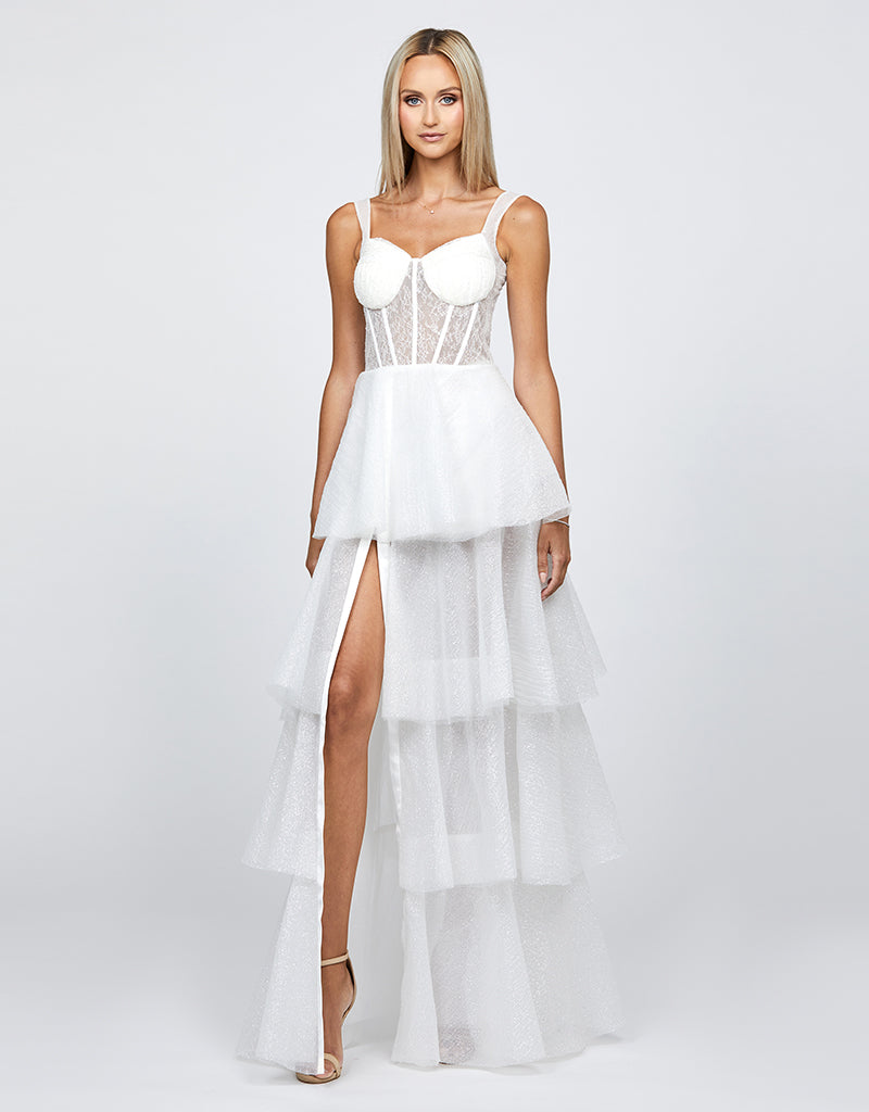bariano full maxi dress with organza bust detail in white Bariano full maxi dress with organza bust detail in multi floral, Pink/Blush/Multi
