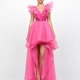 MARINA V NECK RUFFLE HI LO GOWN B79D23L