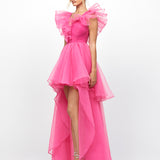 MARINA V NECK RUFFLE HI LO GOWN B79D23L