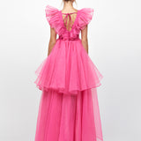 MARINA V NECK RUFFLE HI LO GOWN B79D23L
