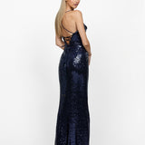 STEPHANIE COWL DRAPED SEQUIN GOWN B34D15LSE - Navy
