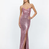 STEPHANIE COWL DRAPED SEQUIN GOWN B54D28LOB