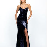 STEPHANIE COWL DRAPED SEQUIN GOWN B34D15LSE - Navy
