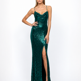 STEPHANIE COWL DRAPED SEQUIN GOWN B34D15LSE - Emerald
