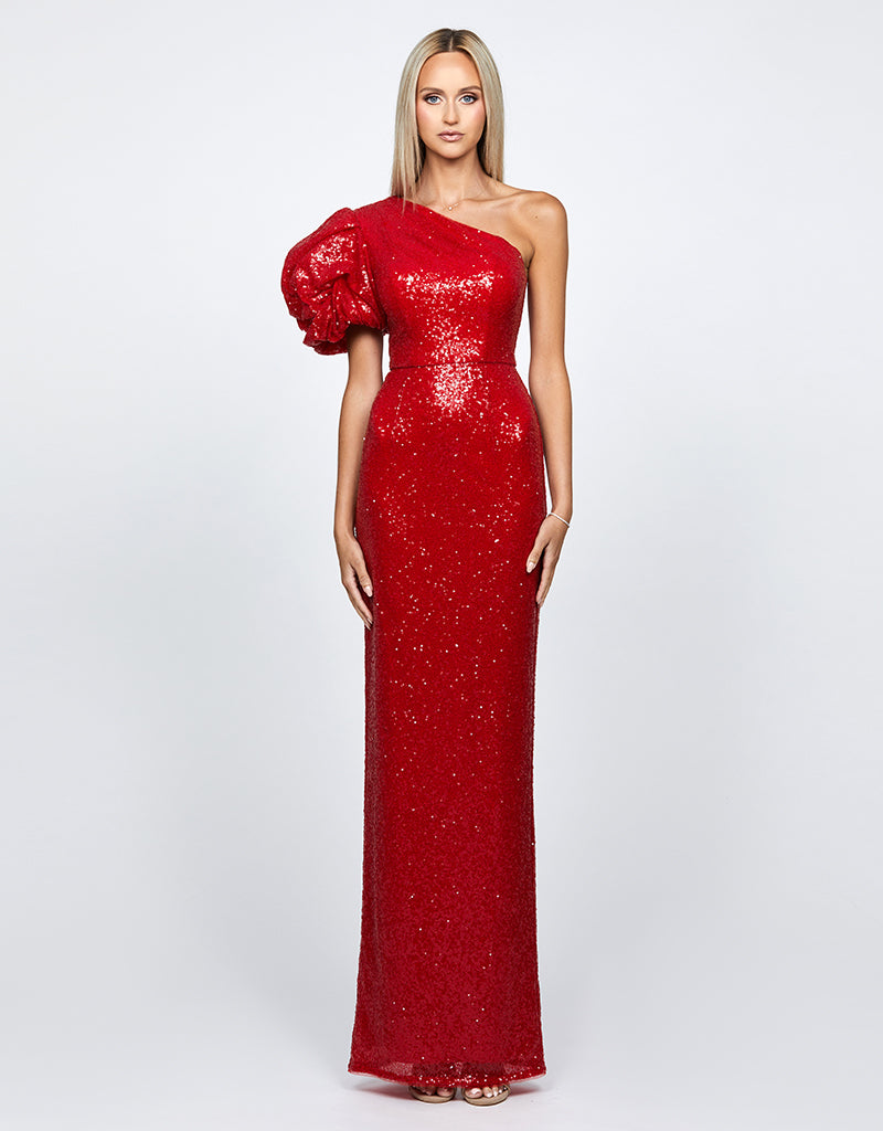 ELOWEN ROSETTE SLEEVE SEQUIN GOWN B68D10L