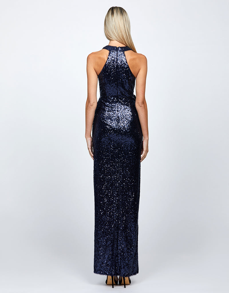 LYRA HALTER NECK RUCHED SEQUIN GOWN B68D11L