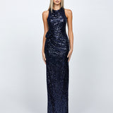 LYRA HALTER NECK RUCHED SEQUIN GOWN B68D11L