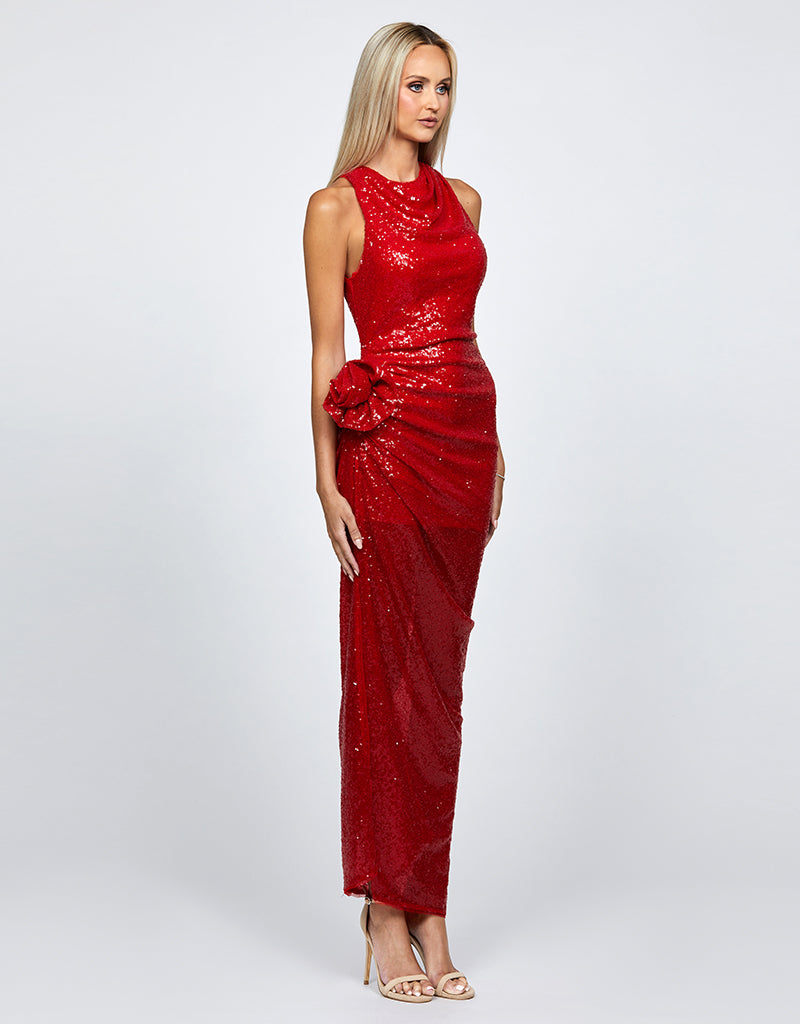 LYRA HALTER NECK RUCHED SEQUIN GOWN B68D11L