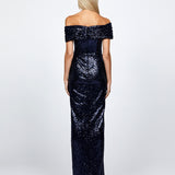 EVANIE DRAPED OFF SHOULDER SEQUIN GOWN B68D12L