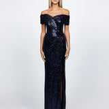 EVANIE DRAPED OFF SHOULDER SEQUIN GOWN B68D12L