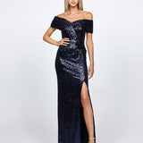 EVANIE DRAPED OFF SHOULDER SEQUIN GOWN B68D12L