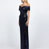EVANIE DRAPED OFF SHOULDER SEQUIN GOWN B68D12L