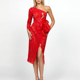 SAMPLE NURA ONE SHOULDER ROSETTE LACE MIDI SAMPLE B69D23S