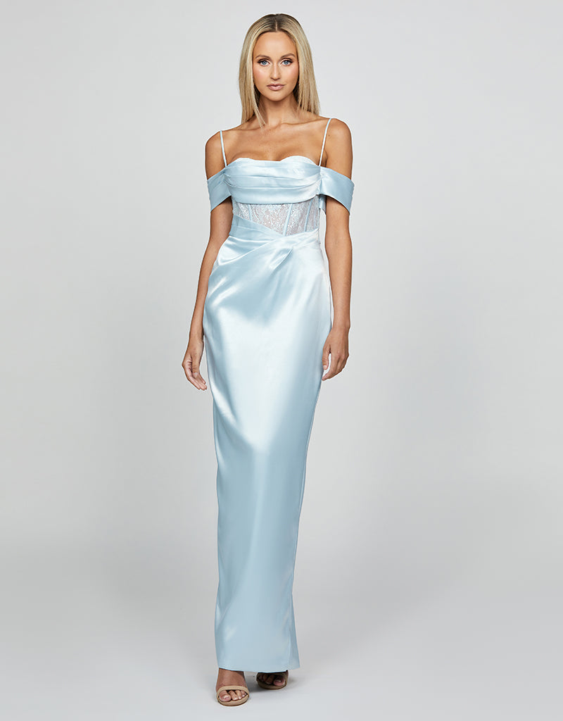 SAMPLE KORI OFF SHOULDER PLEATED CORSET GOWN SAMPLE B69D35L