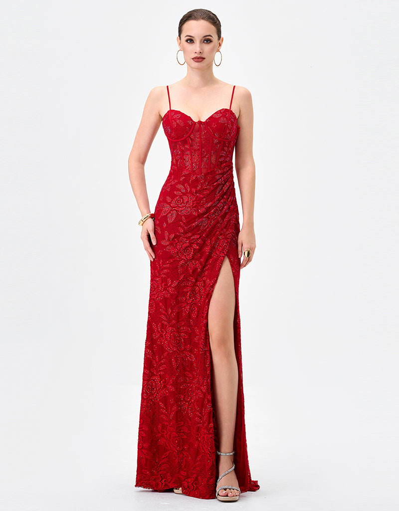 JUNIE LACE FISHTAIL GOWN B83D0289 8 / RED | Bariano