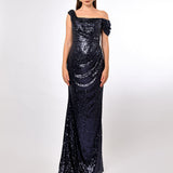 YVIE ONE SHOULDER SEQUIN OVERLAY GOWN B70D19L