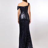 YVIE ONE SHOULDER SEQUIN OVERLAY GOWN B70D19L