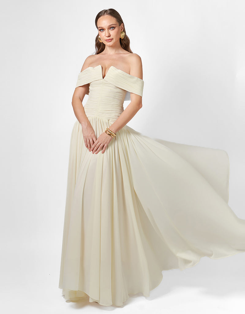 KEECIA OFF SHOULDER CHIFFON GOWN B77D74L