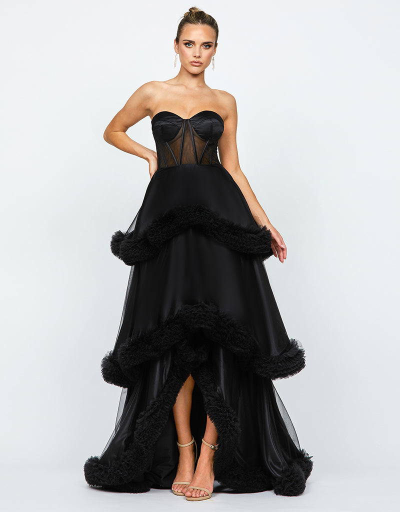 MULLIGAN STRAPLESS TIERED BALL GOWN B68D06HL