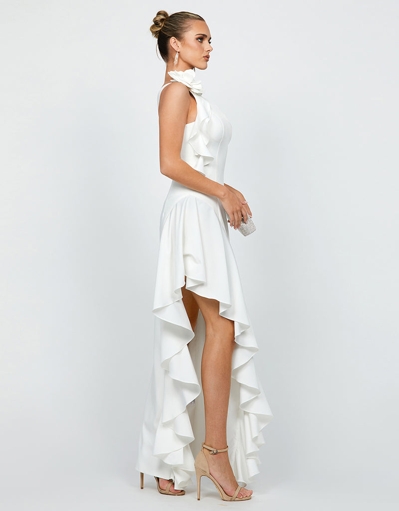 LATTICE ONE SHOULDER ROSETTE FRILL GOWN B68D28L