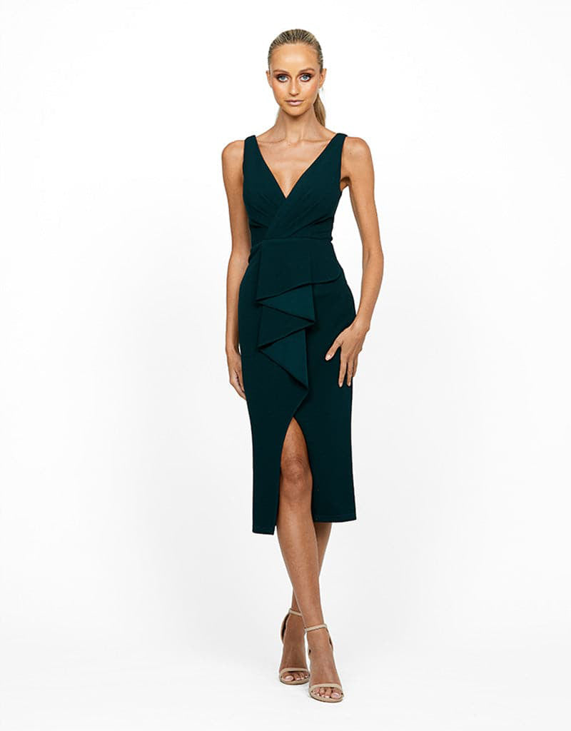 DAKOTA V NECK RUFFLE MIDI BL55D17S